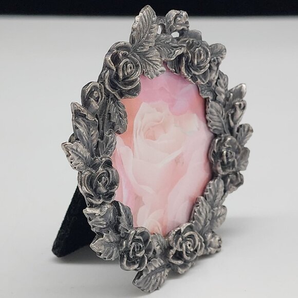 Vintage Pewter Picture Frame Round Rose Design Decorative Tabletop Display - Picture 4 of 11